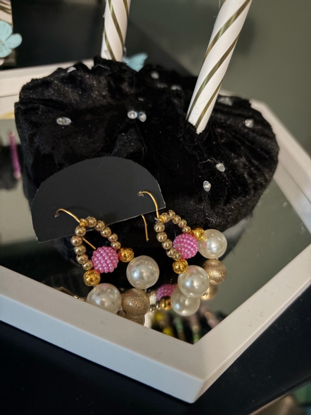 Gold and Pink Pearl Beaded Hoop Earrings